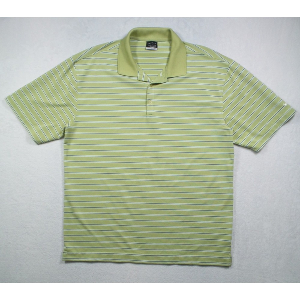 Nike Golf Shirt Mens Size Large Green Striped FitDry Polo Short Sleeve Stretch